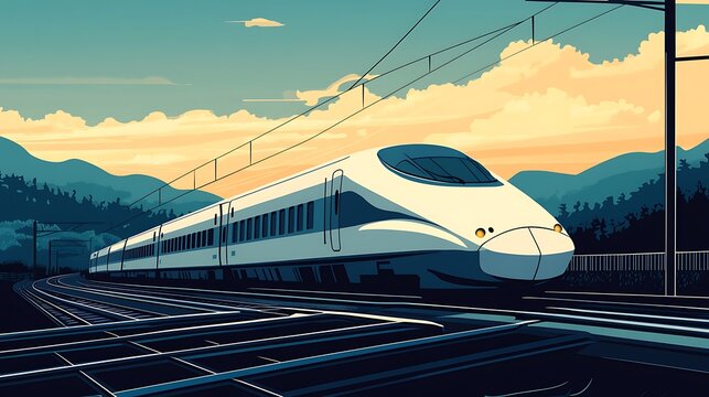 Highspeed train with sunset mountains.