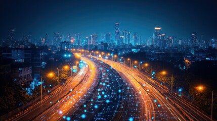 Night city highway with digital overlay