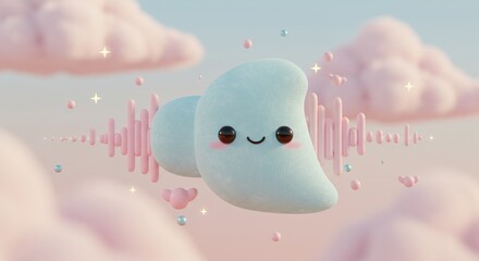 Charming Kawaii Soundwave Character in Pastel Sky with Fluffy Clouds 3D Render