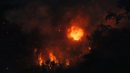 Nighttime forest fire engulfs trees in orange flames.