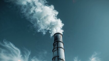 Industrial chimney releasing smoke plume into blue sky