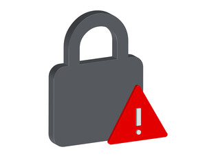 3D illustration of a padlock icon with a warning sign below. Transparent background in PNG format.