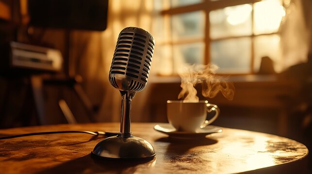 Vintage Microphone Retro Studio Warm Lighting Cozy Atmosphere Steam Coffee Cup Wooden Table Autumn Morning Podcast Recording Broadcasting Radio Show Audio Equipment Music Production Golden Hour       