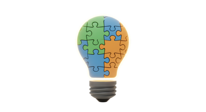 3D Puzzle Light Bulb Representing Innovation Isolated on PNG Background.
