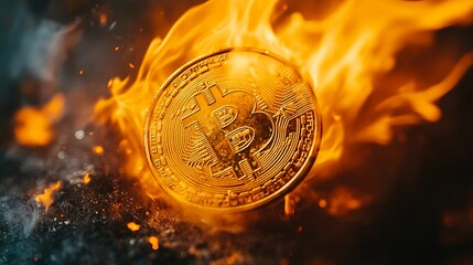 Burning Bitcoin Cryptocurrency Digital Gold Coin in Fiery Inferno Dramatic Closeup Shot Intense Financial Crisis Hot Burning Money Digital Currency Bitcoin Burning in Flames Financial Market Crash    