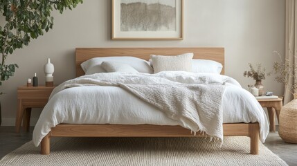 Bedroom with white linens, natural wood bed frame, and a single framed art piece above the headboard