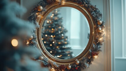 Obraz premium Christmas garland framing a mirror with hanging ornaments and fairy lights in the reflection