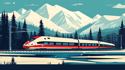 Highspeed train with snowy mountains.