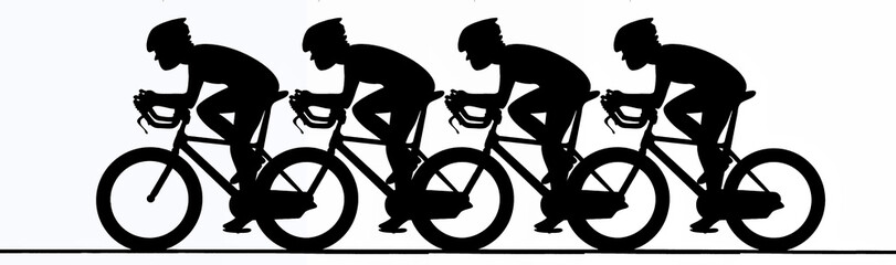 4 black figures silhouette of group team male sportsman's Mens riding racing sporty cross bike wear helmet. womens riding four  bicycles silhouette, isolated on a white background. Illustration image