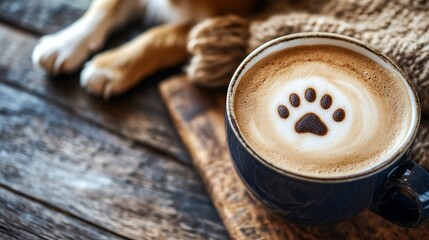 Cozy Autumn Morning Coffee Latte Paw Print Design Warm Beverage Hot Drink Wooden Table Dog Paws Knit Blanket Relaxing Peaceful Comfortable Winter Season Pet Friendly Cafe Cappuccino Steam Creamy      