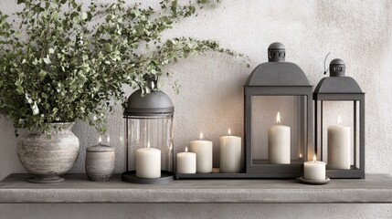 Naklejka premium Decorative candles and lanterns styled on a modern fireplace mantel