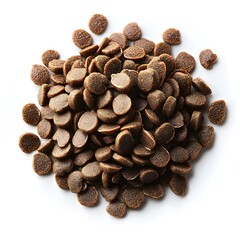 A close-up studio shot shows a pile of brown pet food kibble on a white background ideal for packaging or advertising.
