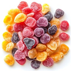 A vibrant pile of assorted fruit-flavored candies sits on a white background showcasing their colorful and glossy texture.