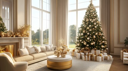 Elegant Christmas tree decorated with gold and white ornaments, twinkling lights in a cozy living room