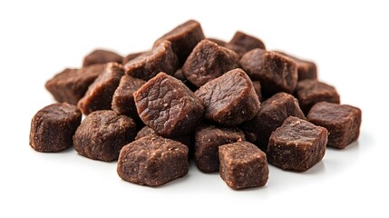 Obraz premium A close-up shot reveals a pile of dark brown beef jerky cubes, ideal for pet treats or human snacking.