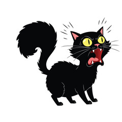 Obraz premium Cartoon illustration of an angry black cat with yellow eyes, hissing.