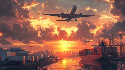 Plane Landing at Sunset Over Shipping Port, A plane landing at sunset over a busy shipping port with trucks and containers