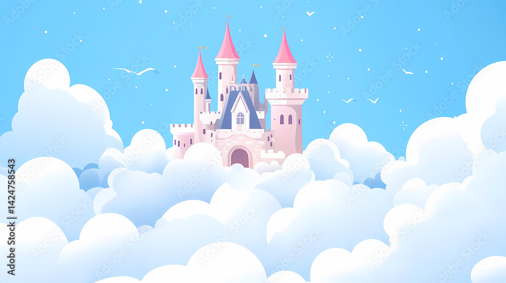 Wall mural a castle floating in the clouds amidst a dreamy landscape. floating castle. illustration. floating c