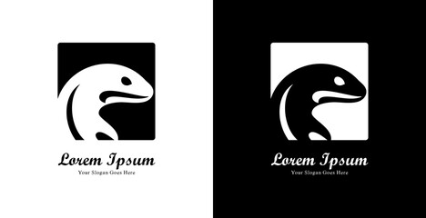 Logo design in the form of a salamander head combined with a square