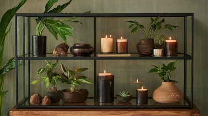 Glass shelf filled with decorative plants, candles, and organic textures
