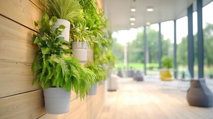 Indoor vertical garden with assorted green plants mounted on a wooden wall