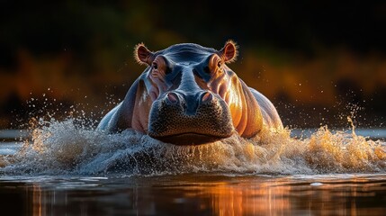 Fototapeta premium Powerful hippopotamus emerges from water