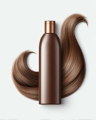 Naklejka premium Elegant Brown Bottle with Smooth Hair Flowing from It on a Light Background