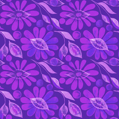 Watercolor Purple Retro Floral Pattern, Abstract Violet Flower Art, Mod Mauve Bloom Design, Stylized Wisteria Flowers, Groovy Plum Botanical.  Perfect for Eye-Catching Fabrics, Statement Fashion Items