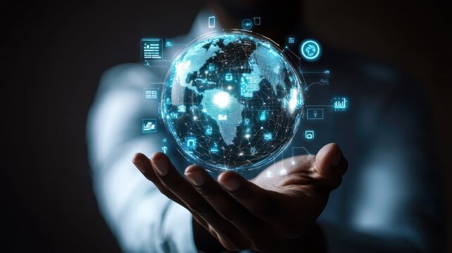 Hand Holding a Holographic Globe with Digital Connections
