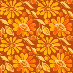 Repeating retro floral pattern, featuring stylized flowers, leaves, and abstract circular elements in warm colors. A groovy and decorative design suitable for backgrounds, textiles, and projects.