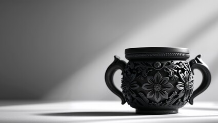 Ornate wooden mug with floral carvings and artisanal design craftsmanship