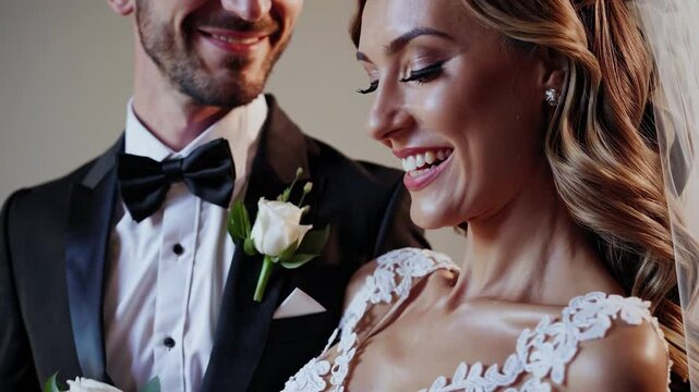 Emotional wedding video narrative highlighting tender interactions between newlyweds, revealing genuine love, romantic connection, and joyful moments during matrimonial celebration