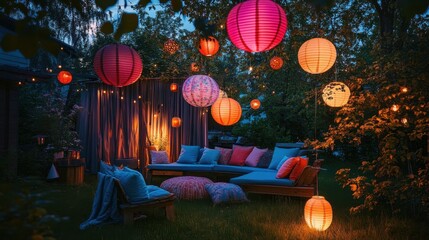 Paper lanterns and hanging decor elements in a vibrant backyard party setup