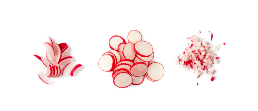 Sliced Radish Roots Isolated, Red Root Round Cuts, Red Radishes Slice Pile, Radis Cross Sections on White