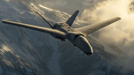 Military drone soaring above snowy mountains