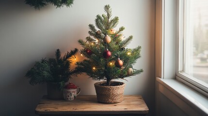 Fototapeta premium Small tabletop Christmas tree with rustic ornaments and tiny string lights