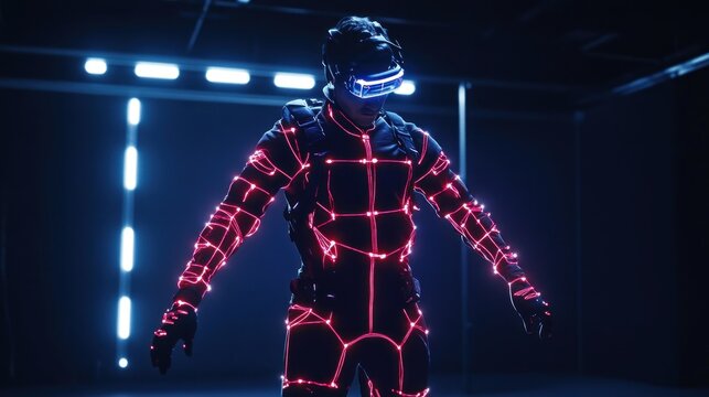 VR performer in glowing suit,  experiencing digital world