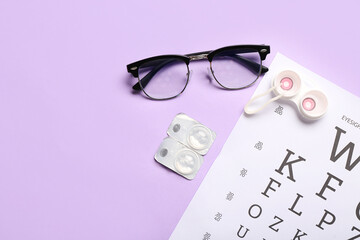 Eyeglasses with eye test chart and container for contact lenses on lilac background
