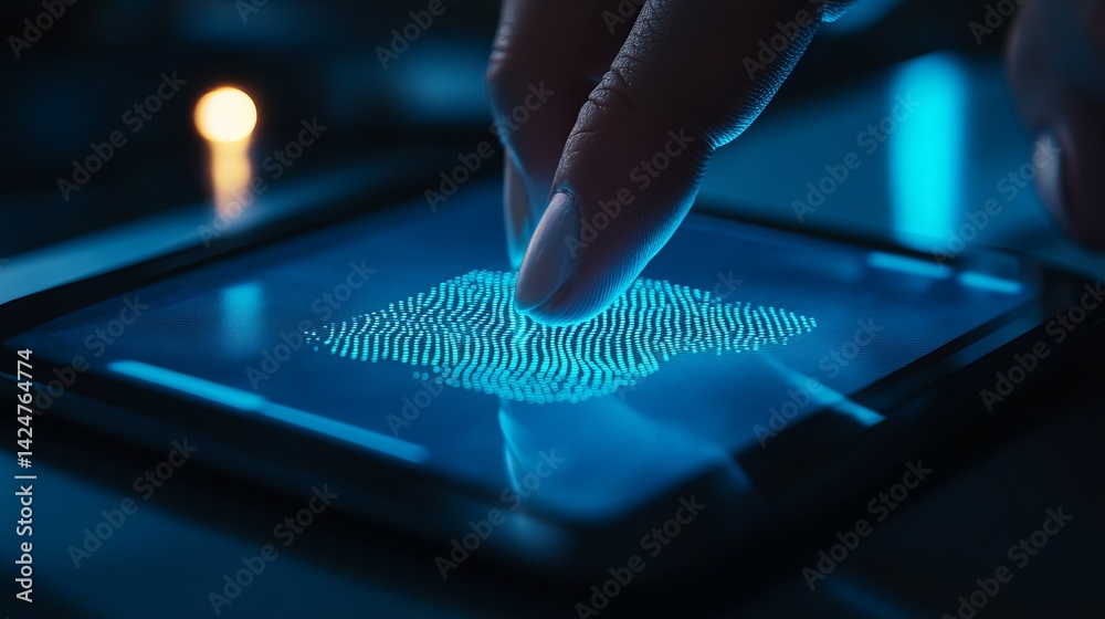 Poster digital fingerprint scanning technology secure access modern device blue light futuristic biometric 