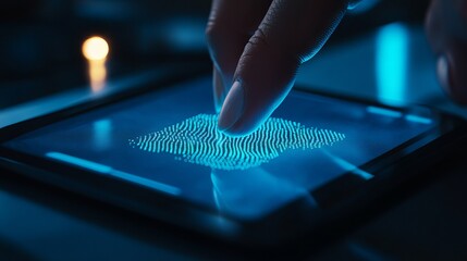 Digital Fingerprint Scanning Technology Secure Access Modern Device Blue Light Futuristic Biometric Authentication System Innovative Security System High Tech Finger Print Scanner Digital Identity    