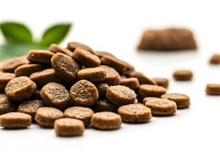 A close-up shot shows a pile of delicious brown pet food kibble with green leaves in the background on a white surface.