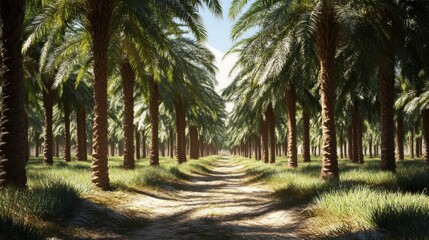Obraz premium Palm trees line a path in a sunny desert oasis