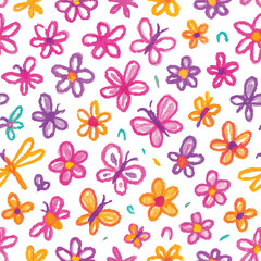 seamless vibrant hand drawn floral and butterfly doodle pattern in crayon pastel style, bright and playful nature illustration