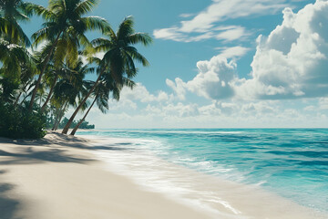 Obraz premium Tropical beach paradise with swaying palm trees.