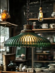 In a cozy vintage store a large green glass hanging lamp with a beautiful fluted shade casts a warm glow adding a touch of elegance to the rustic atmosphere filled with nostalgic items
