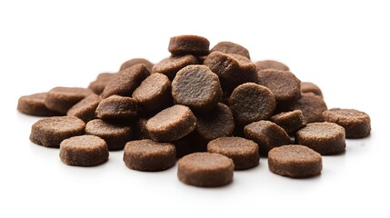 Fototapeta premium A close-up shot reveals a pile of dark brown pet food kibble against a stark white background perfect for packaging design.