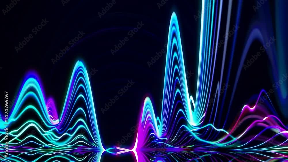 Poster dark background hosting vivid neon lines pulsating rhythmically, generating dynamic abstract visual 