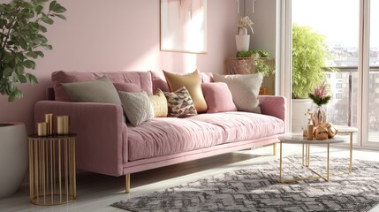Fototapeta premium Pink living room interior design featuring a plush sofa.