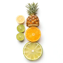 pineapple on white background, citrus fruits for advertising on white background 