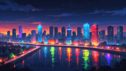 Fototapeta premium Vibrant nighttime cityscape illuminated by colorful lights